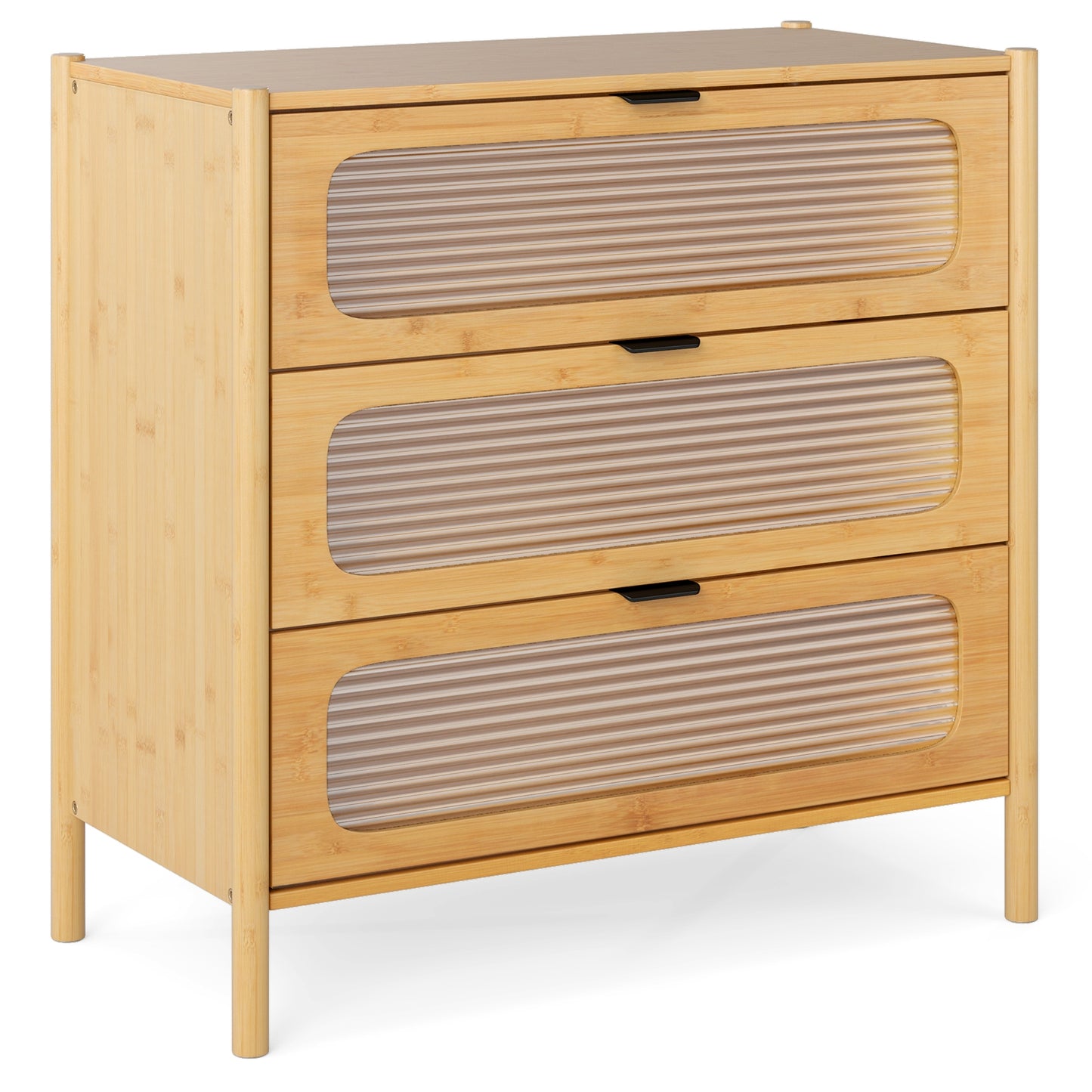3 Drawer Mid Century Modern Chest of Drawers with Reeded Tempered Glass Front-Natural Kids Crystal