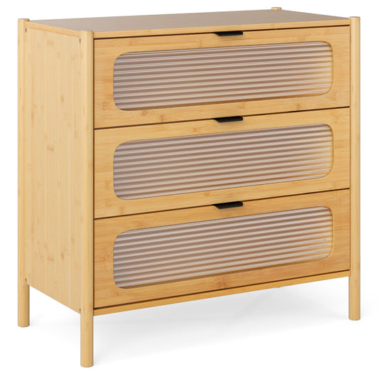 3 Drawer Mid Century Modern Chest of Drawers with Reeded Tempered Glass Front-Natural Kids Crystal