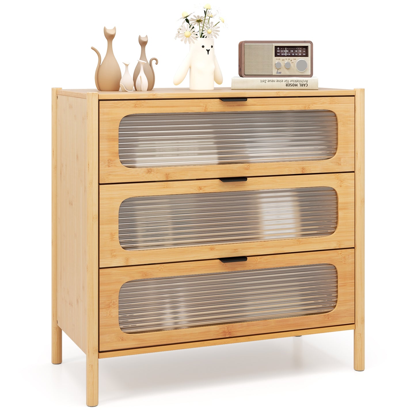 3 Drawer Mid Century Modern Chest of Drawers with Reeded Tempered Glass Front-Natural Kids Crystal