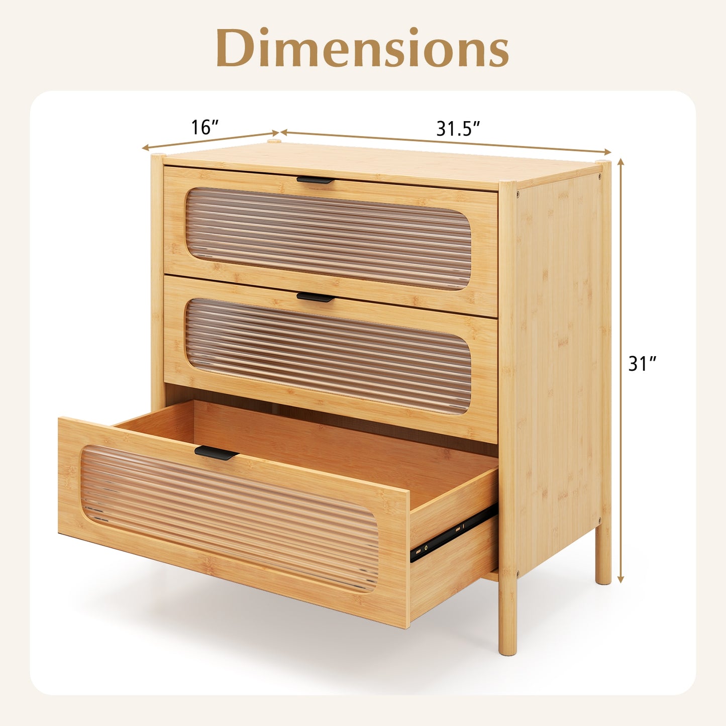 3 Drawer Mid Century Modern Chest of Drawers with Reeded Tempered Glass Front-Natural Kids Crystal