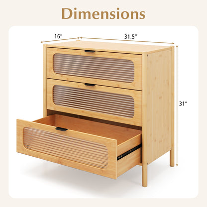 3 Drawer Mid Century Modern Chest of Drawers with Reeded Tempered Glass Front-Natural
