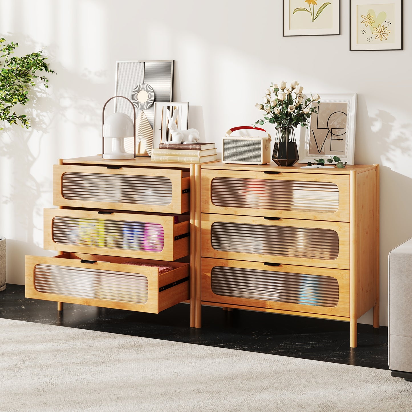 3 Drawer Mid Century Modern Chest of Drawers with Reeded Tempered Glass Front-Natural Kids Crystal
