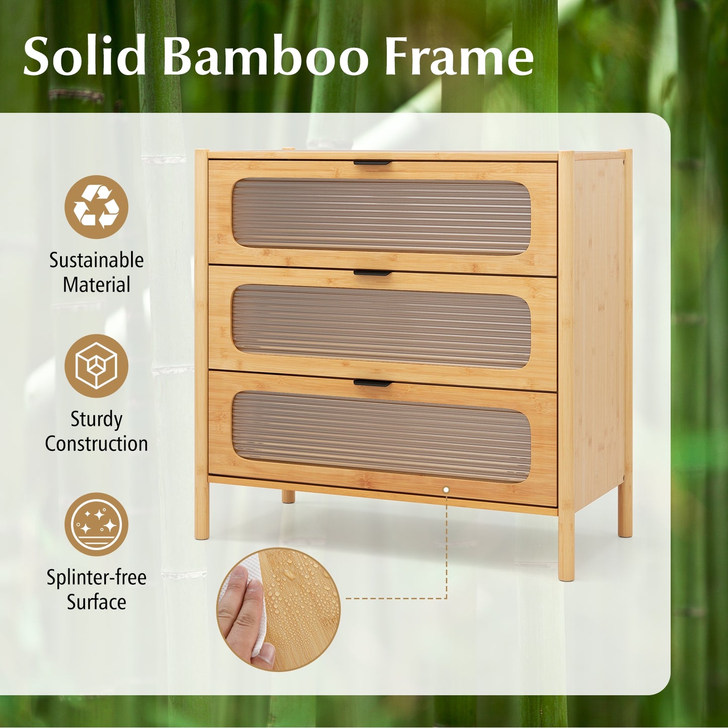 3 Drawer Mid Century Modern Chest of Drawers with Reeded Tempered Glass Front-Natural Kids Crystal