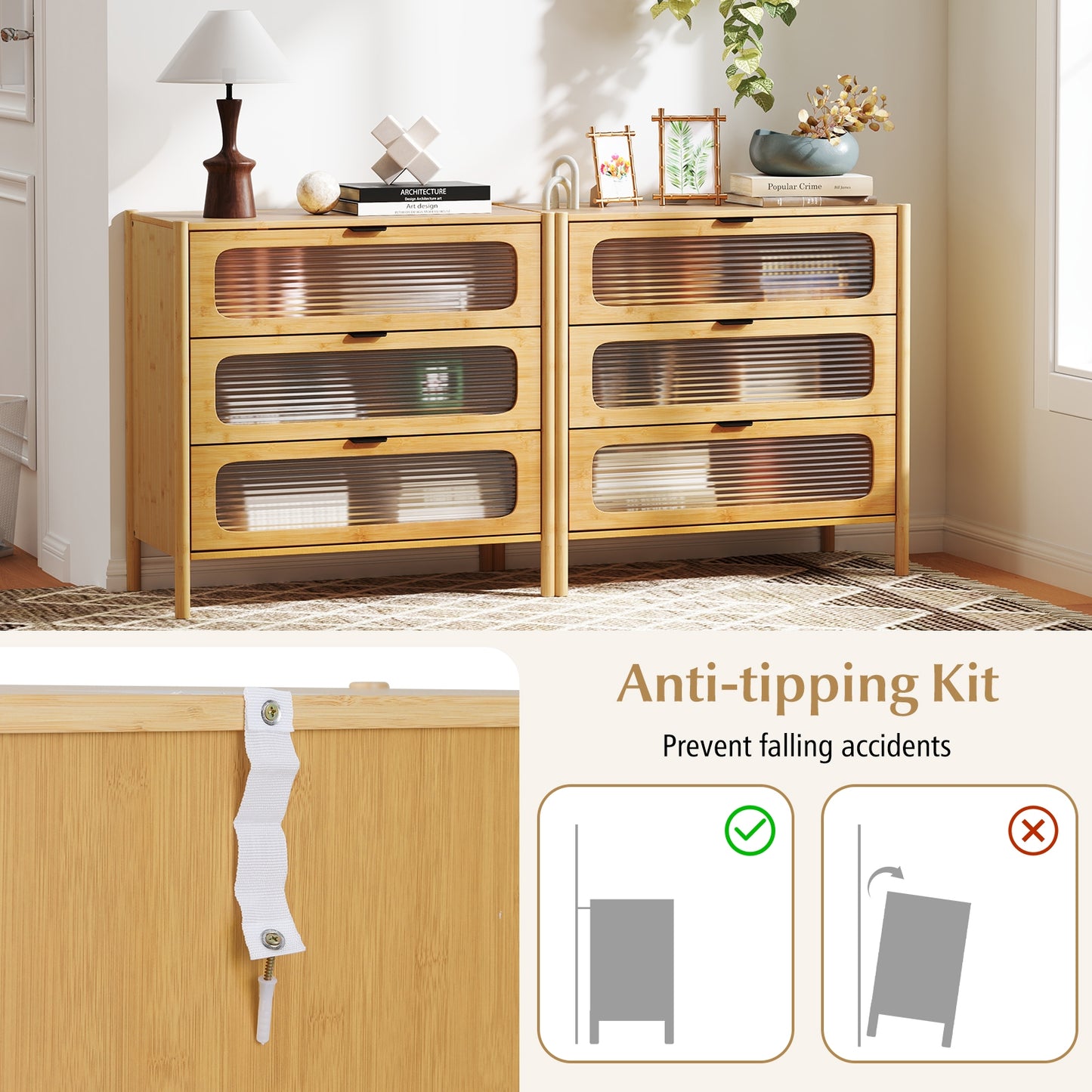 3 Drawer Mid Century Modern Chest of Drawers with Reeded Tempered Glass Front-Natural Kids Crystal