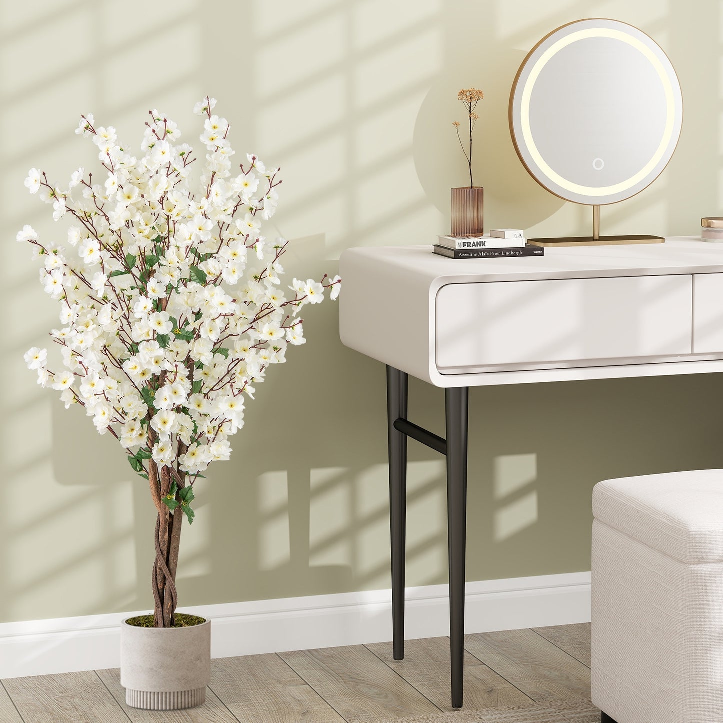 Faux Plum Blossom Plant with White Fabric Flower and Solid Wood Trunk-White Kids Crystal