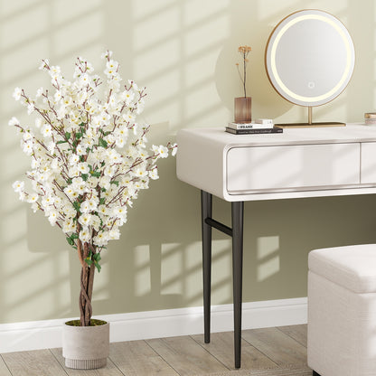 Faux Plum Blossom Plant with White Fabric Flower and Solid Wood Trunk-White