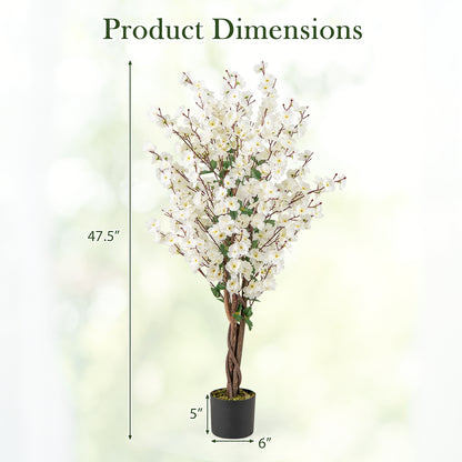 Faux Plum Blossom Plant with White Fabric Flower and Solid Wood Trunk-White