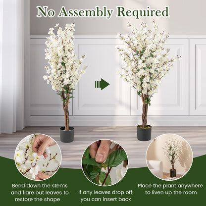 Faux Plum Blossom Plant with White Fabric Flower and Solid Wood Trunk-White