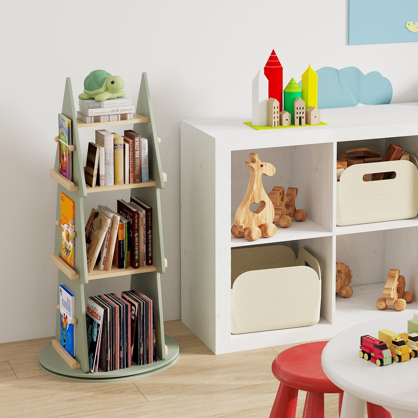 4 Tier Tree Shape Kids Rotating Bookshelf 360° Display Rack Storage Organizer-Green Kids Crystal
