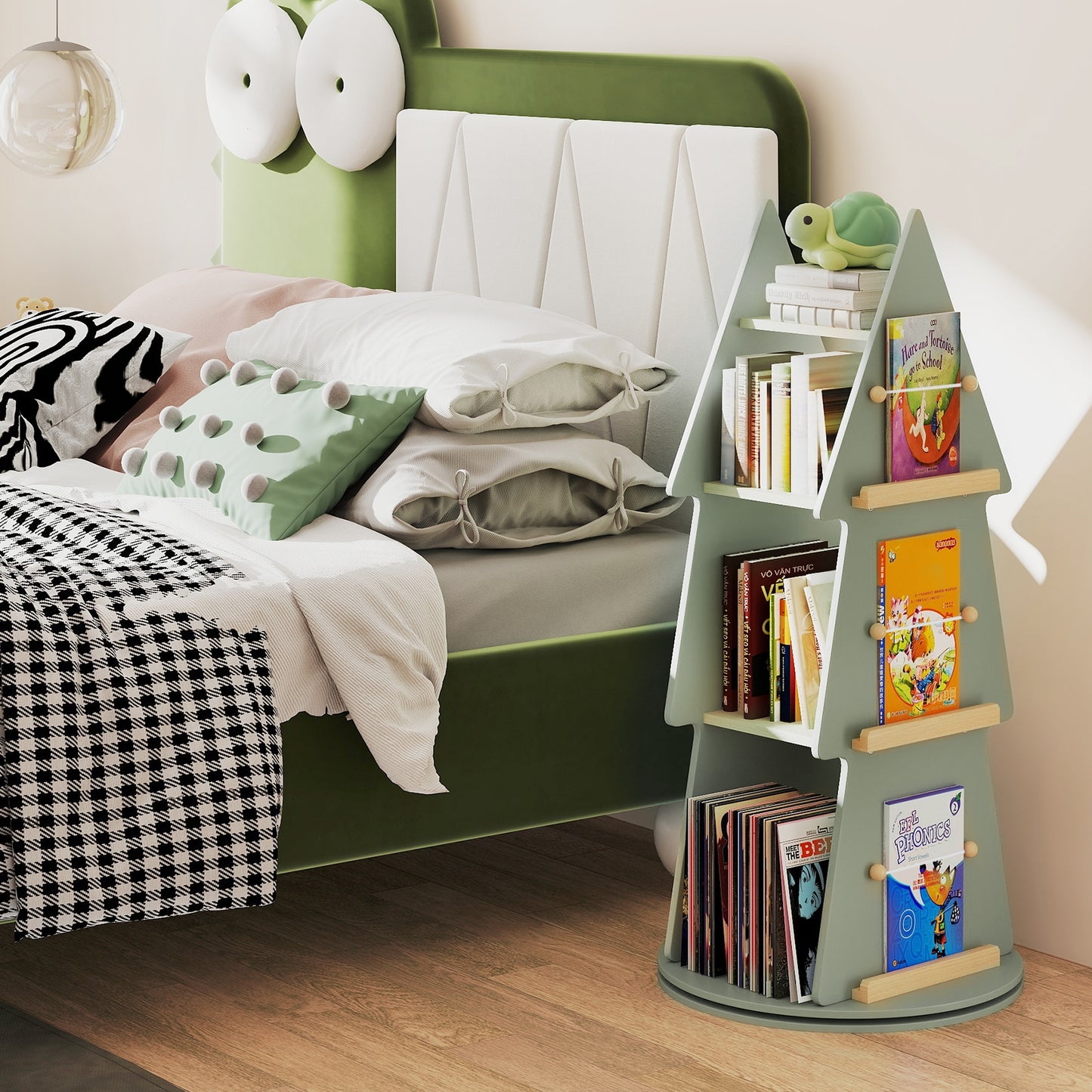 4 Tier Tree Shape Kids Rotating Bookshelf 360° Display Rack Storage Organizer-Green Kids Crystal