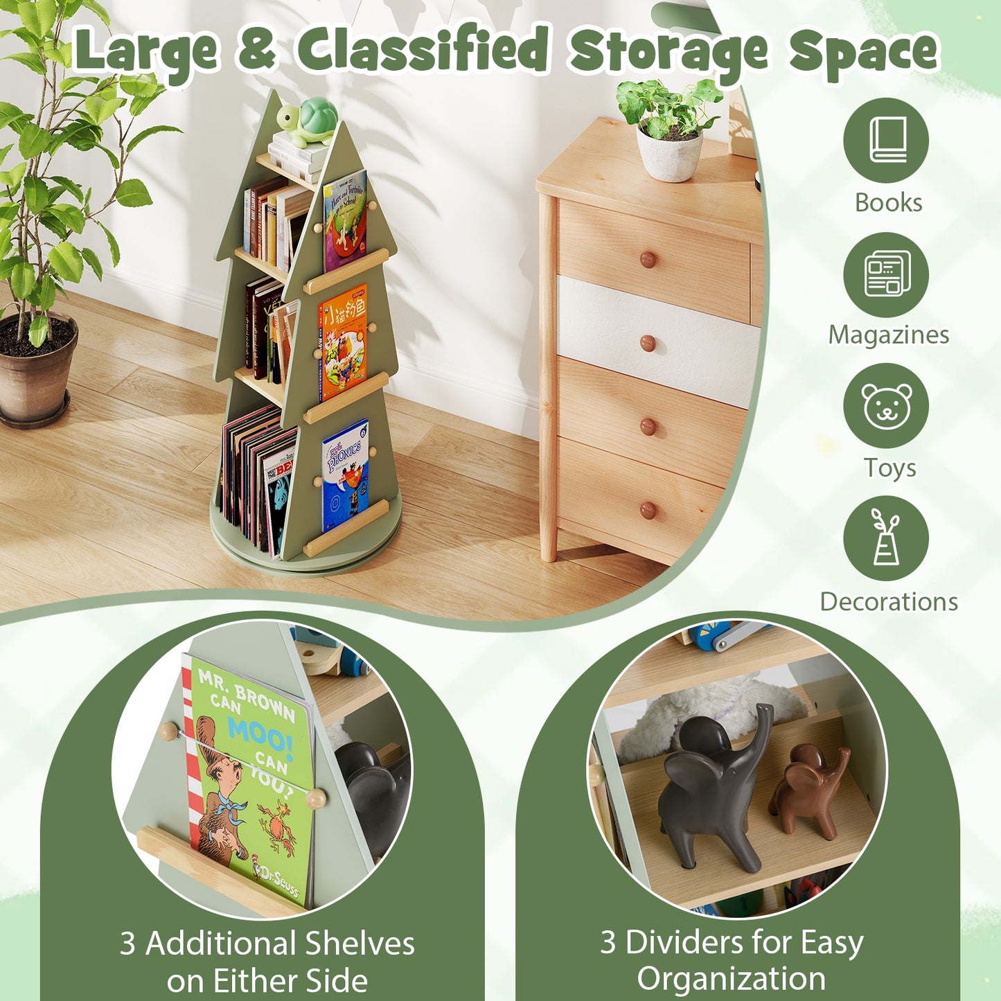 4 Tier Tree Shape Kids Rotating Bookshelf 360° Display Rack Storage Organizer-Green Kids Crystal