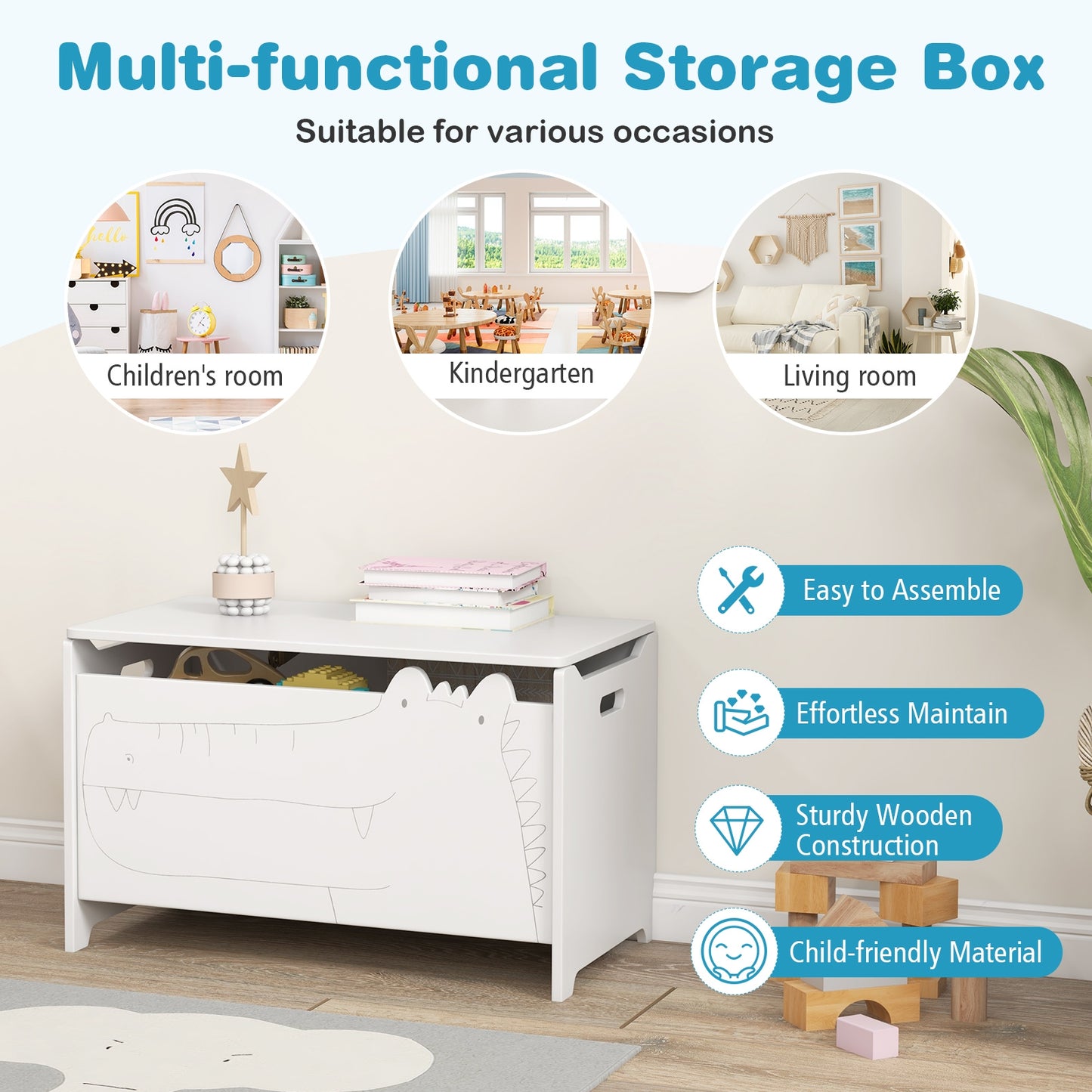 Wooden Kids Toy Box with Safety Hinge-White Kids Crystal
