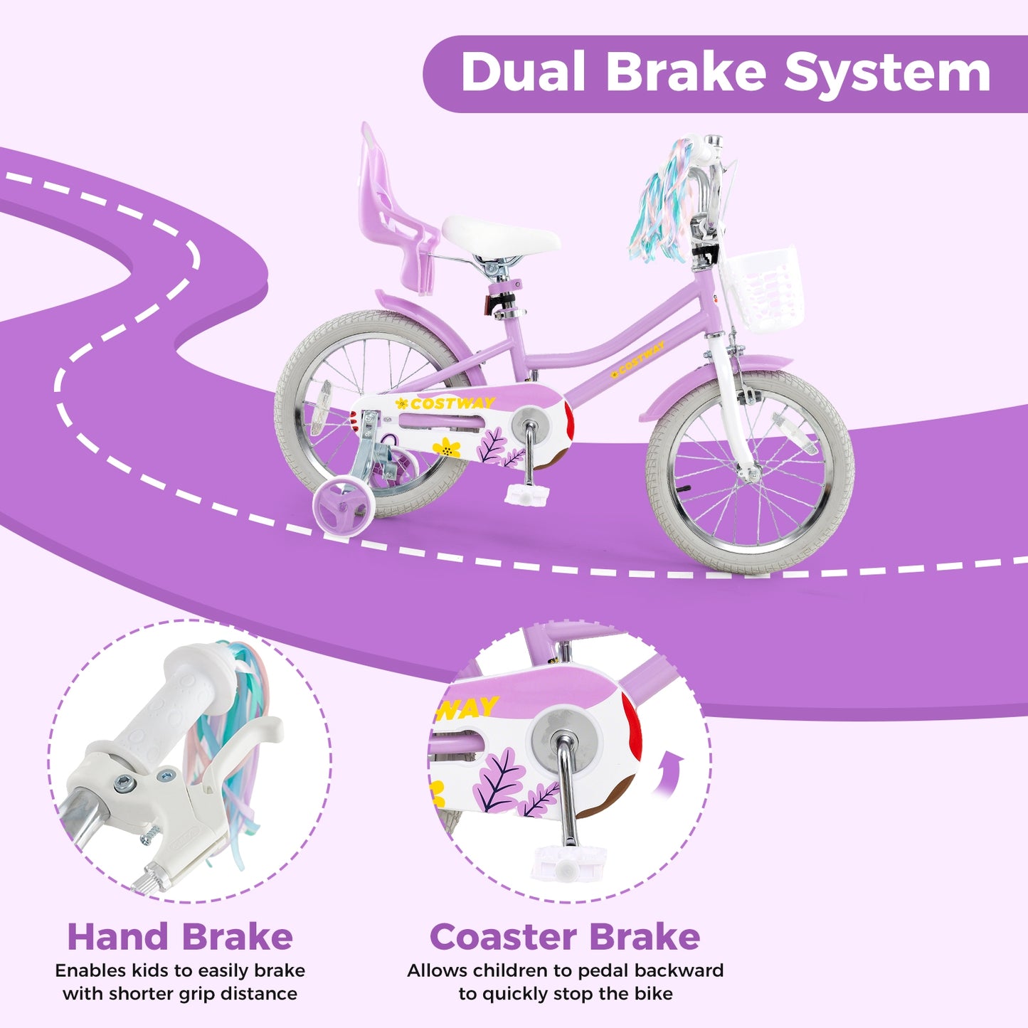 16 Inches Girls Bike Kids Bicycle with Doll Seat and Streamers for Children 4-7 Years Old Kids Crystal