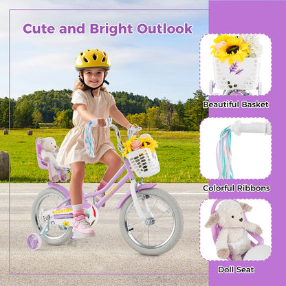 16 Inches Girls Bike Kids Bicycle with Doll Seat and Streamers for Children 4-7 Years Old