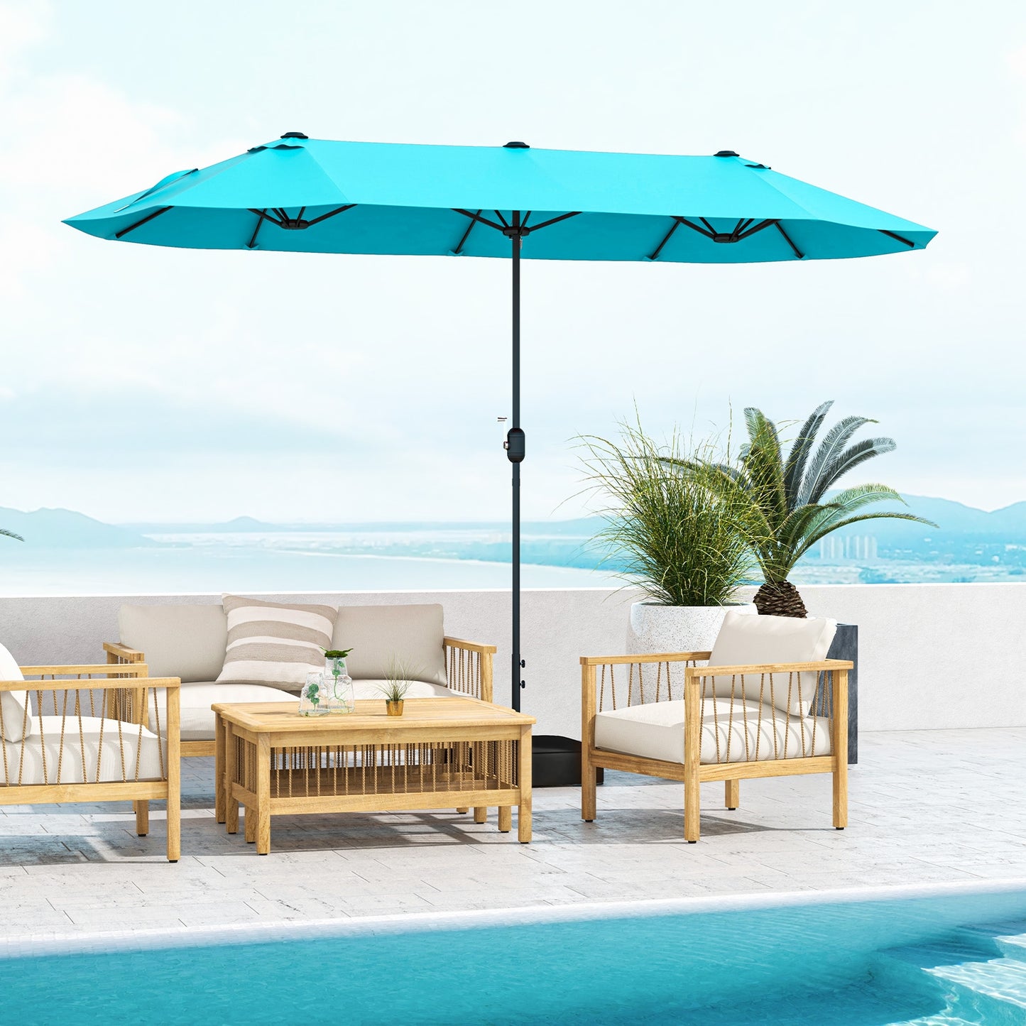 13 Feet Double-Sided Patio Twin Table Umbrella with Crank Handle-Turquoise Kids Crystal