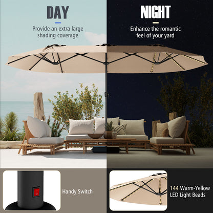 15.5 FT Extra-Large Patio Umbrella with LED Solar Lights and Crank Handle-Beige
