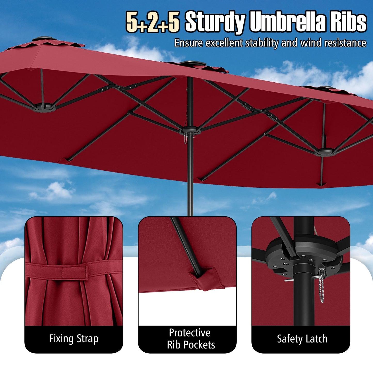 15.5 FT Extra-Large Patio Umbrella with LED Solar Lights and Crank Handle-Red Kids Crystal