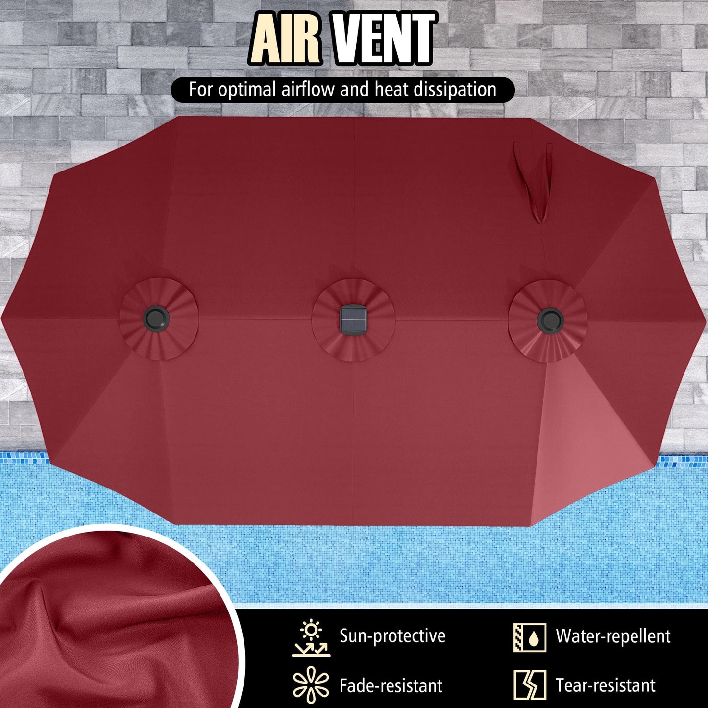 15.5 FT Extra-Large Patio Umbrella with LED Solar Lights and Crank Handle-Red Kids Crystal