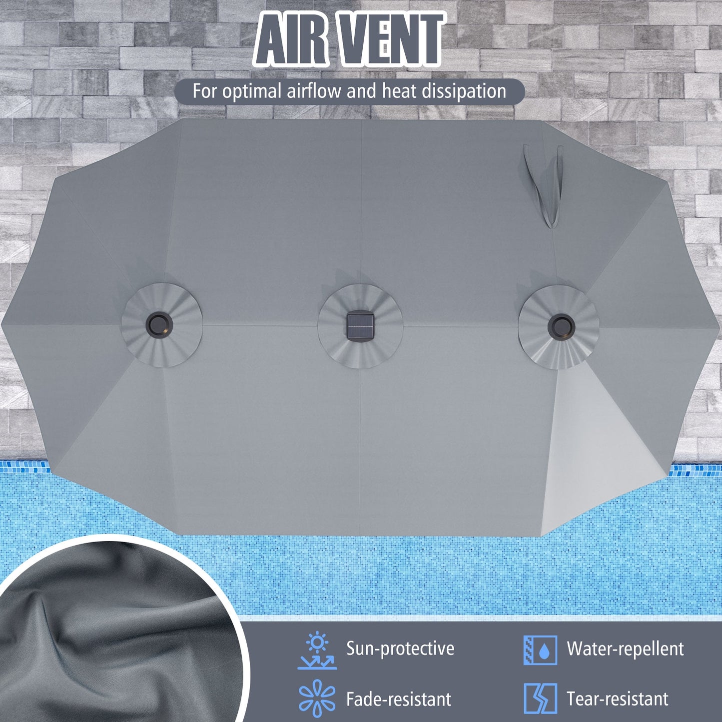 15.5 FT Extra-Large Patio Umbrella with LED Solar Lights and Crank Handle-Gray Kids Crystal