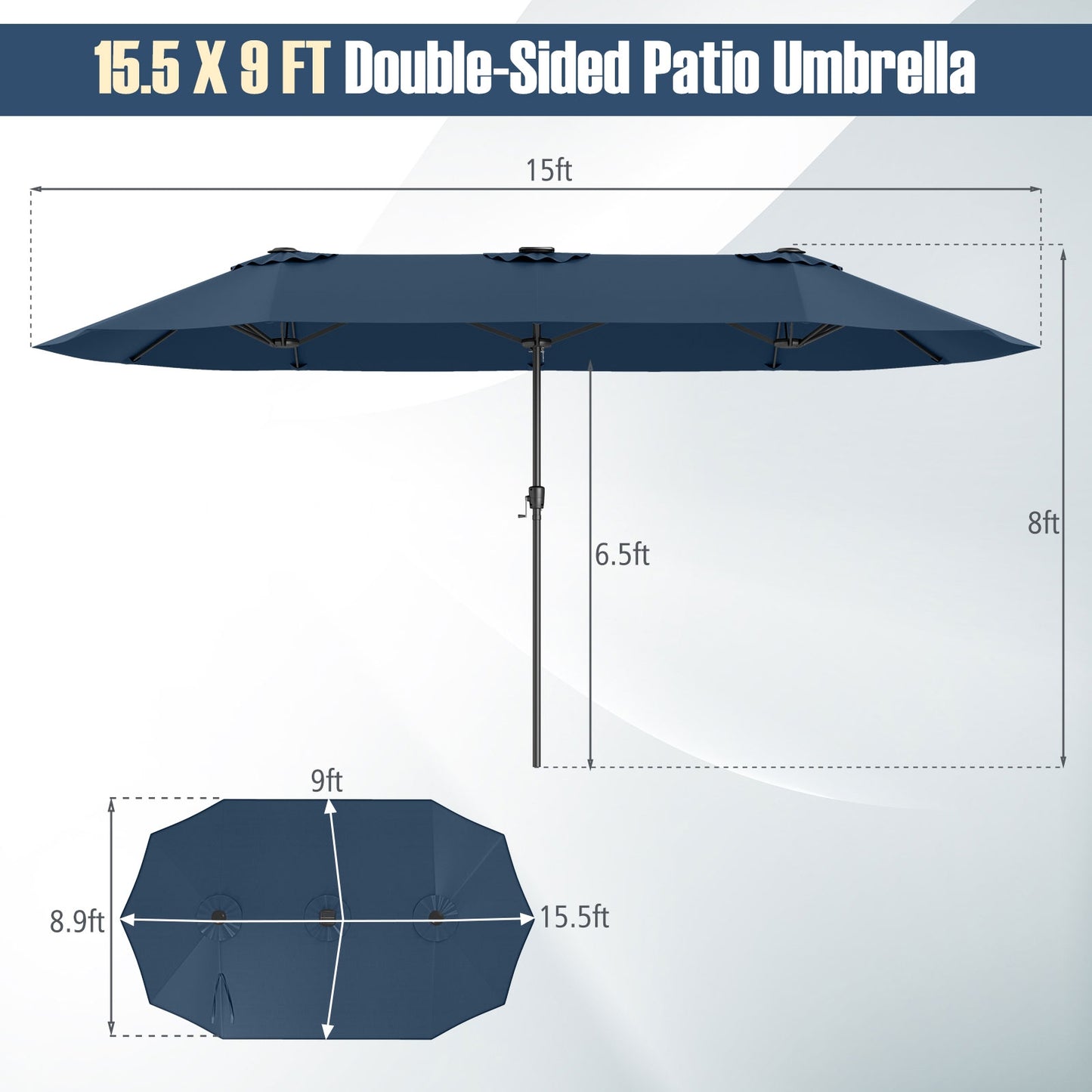 15.5 FT Extra-Large Patio Umbrella with LED Solar Lights and Crank Handle-Navy Kids Crystal