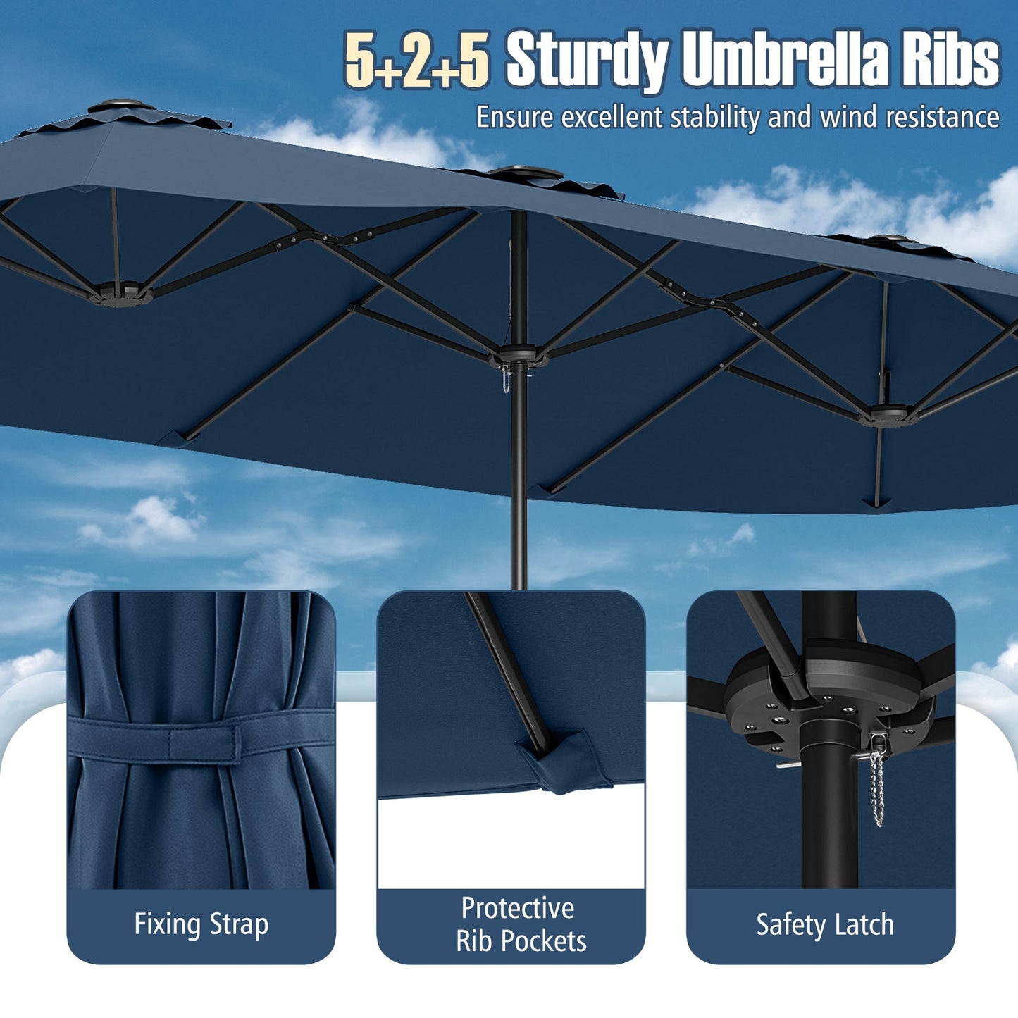 15.5 FT Extra-Large Patio Umbrella with LED Solar Lights and Crank Handle-Navy Kids Crystal