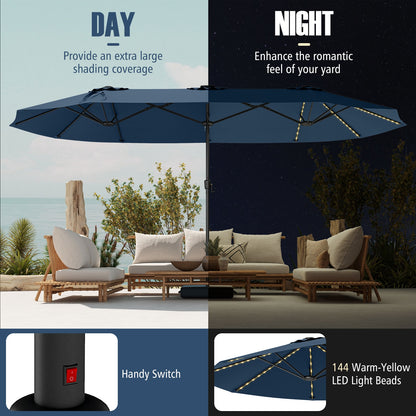 15.5 FT Extra-Large Patio Umbrella with LED Solar Lights and Crank Handle-Navy