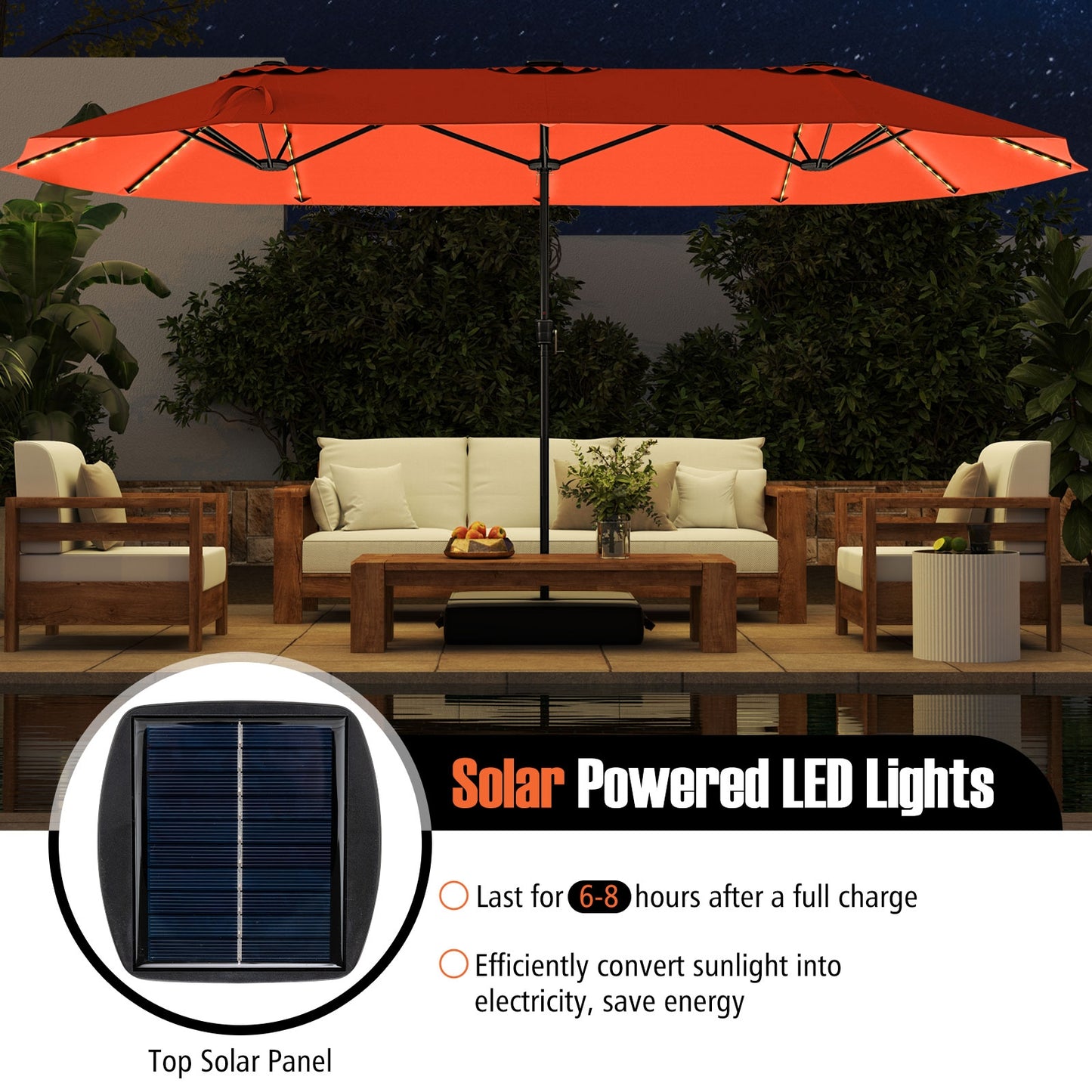15.5 FT Extra-Large Patio Umbrella with LED Solar Lights and Crank Handle-Orange Kids Crystal