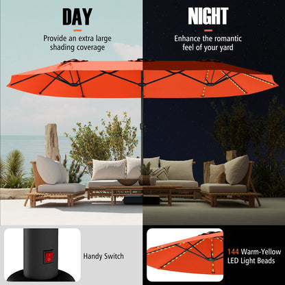 15.5 FT Extra-Large Patio Umbrella with LED Solar Lights and Crank Handle-Orange