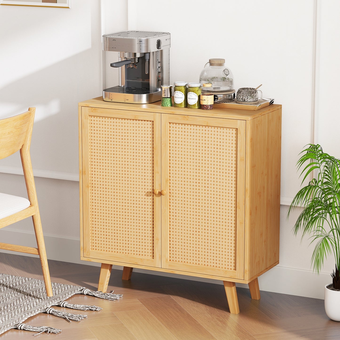 Bamboo Buffet Storage Cabinet with PE Rattan Doors and Freestanding Kitchen Cupboard-Natural Kids Crystal