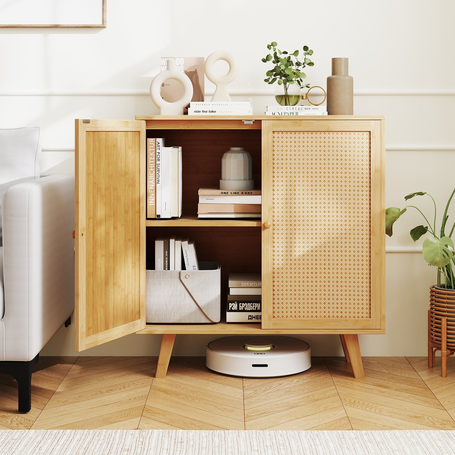 Bamboo Buffet Storage Cabinet with PE Rattan Doors and Freestanding Kitchen Cupboard-Natural Kids Crystal