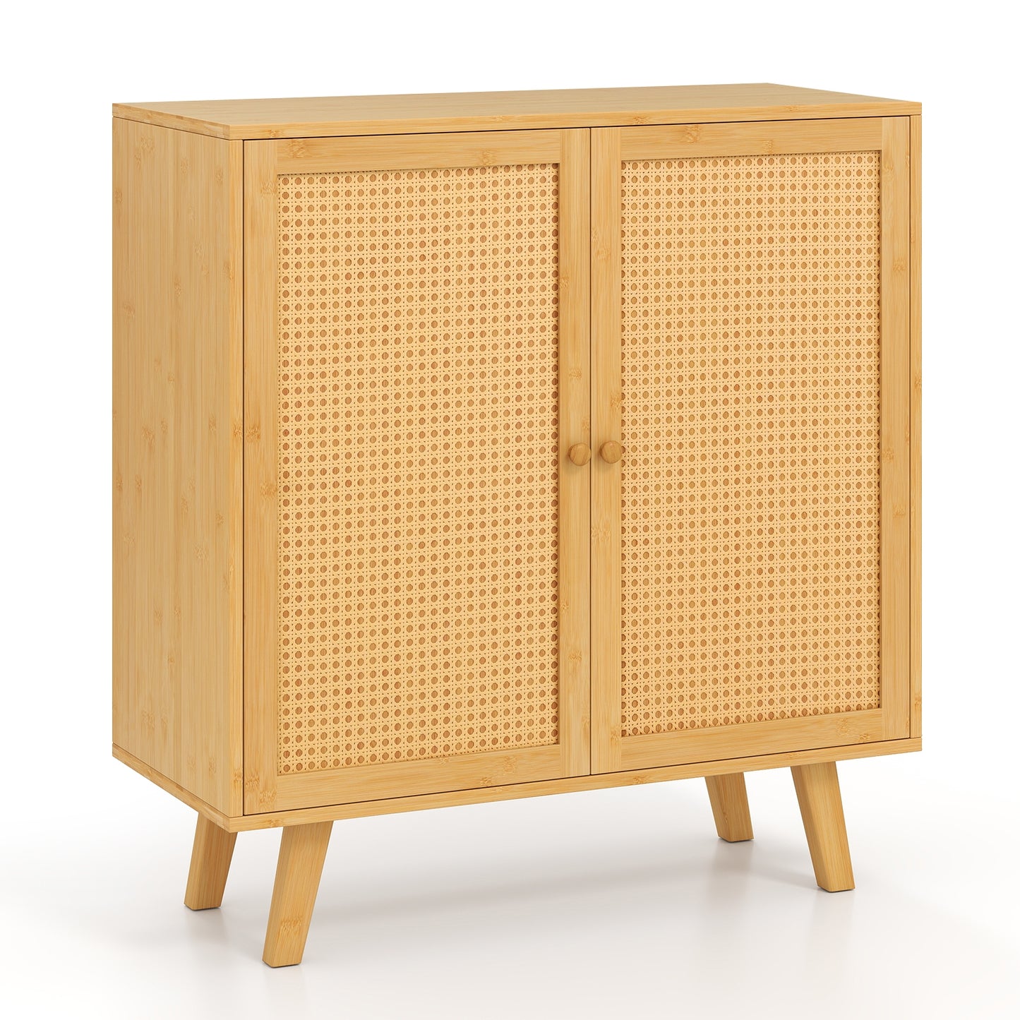 Bamboo Buffet Storage Cabinet with PE Rattan Doors and Freestanding Kitchen Cupboard-Natural Kids Crystal