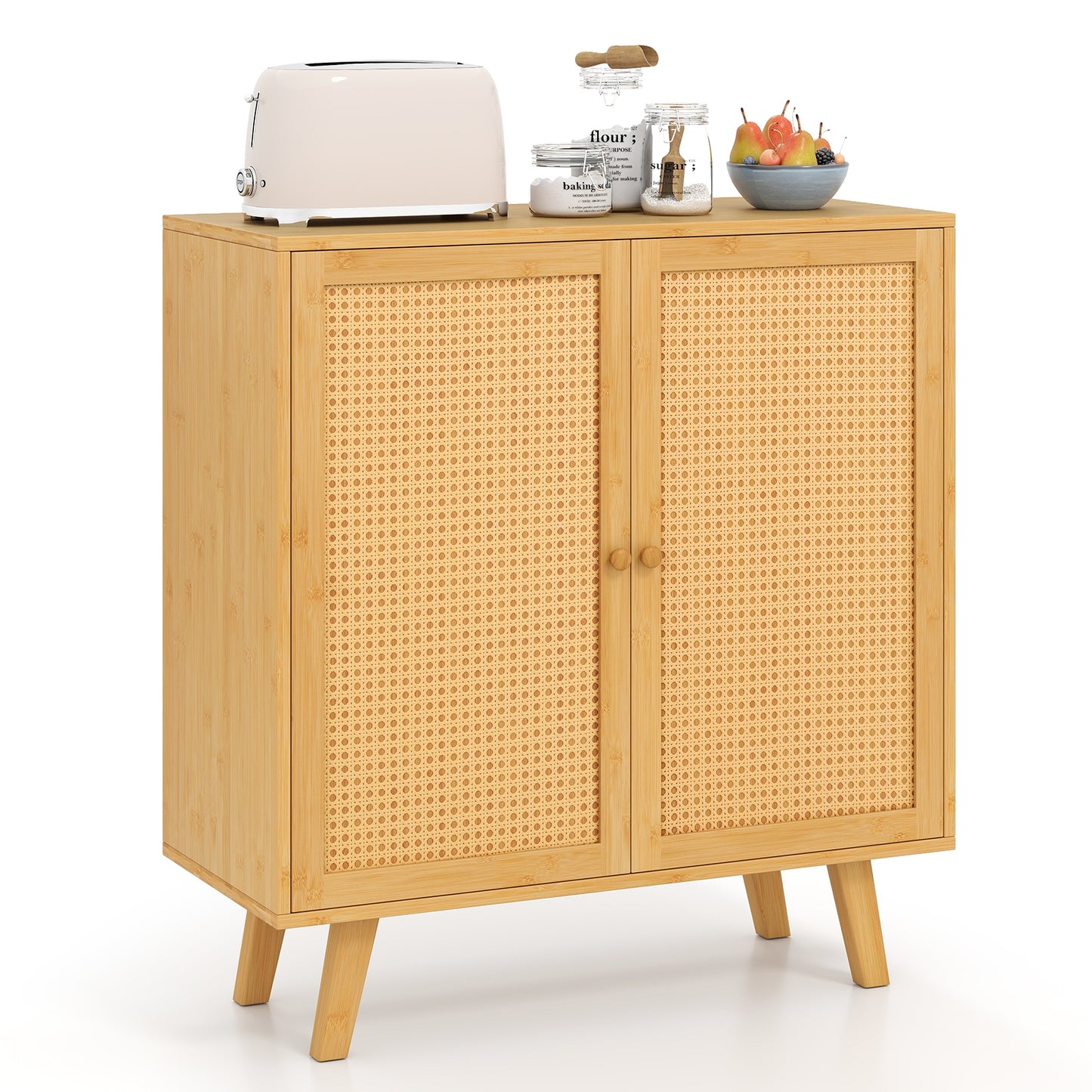 Bamboo Buffet Storage Cabinet with PE Rattan Doors and Freestanding Kitchen Cupboard-Natural Kids Crystal