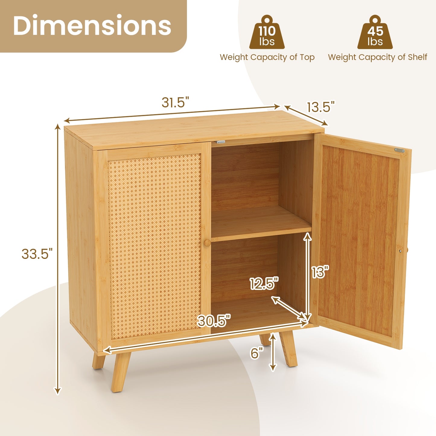 Bamboo Buffet Storage Cabinet with PE Rattan Doors and Freestanding Kitchen Cupboard-Natural Kids Crystal