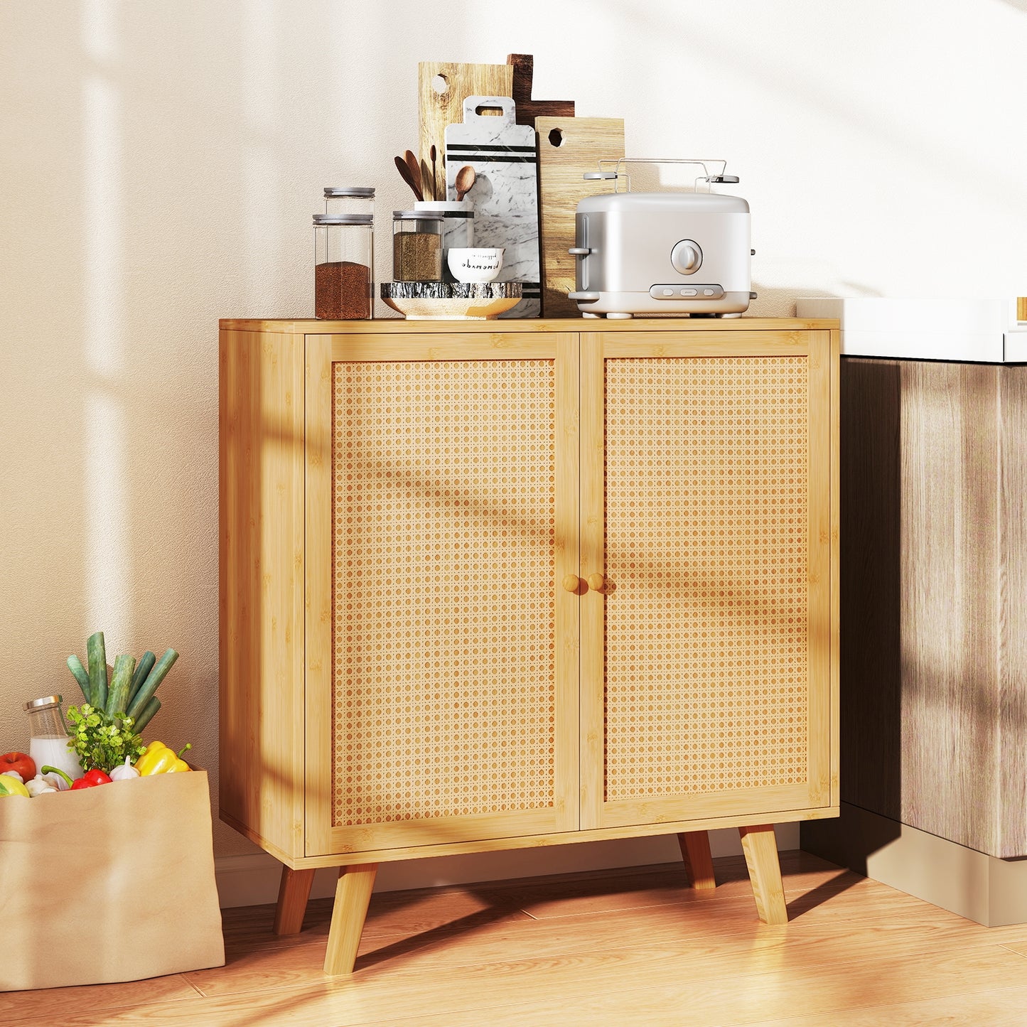 Bamboo Buffet Storage Cabinet with PE Rattan Doors and Freestanding Kitchen Cupboard-Natural Kids Crystal