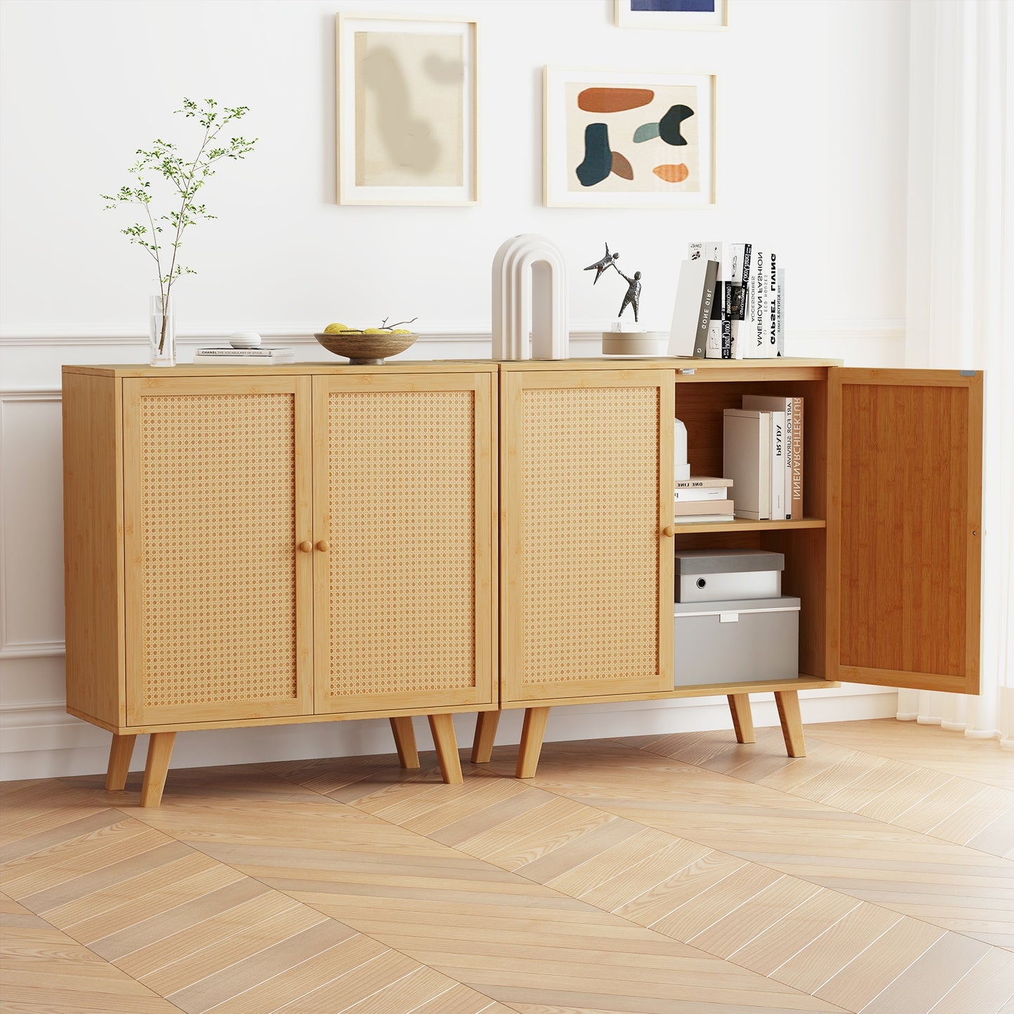 Bamboo Buffet Storage Cabinet with PE Rattan Doors and Freestanding Kitchen Cupboard-Natural Kids Crystal
