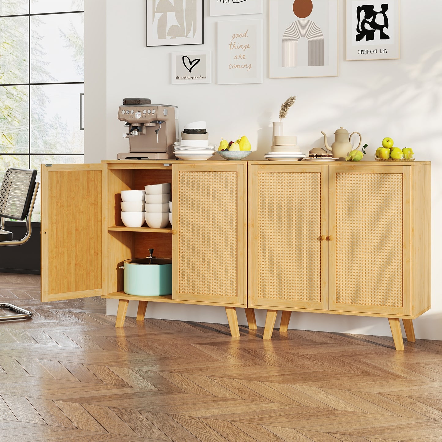 Bamboo Buffet Storage Cabinet with PE Rattan Doors and Freestanding Kitchen Cupboard-Natural Kids Crystal