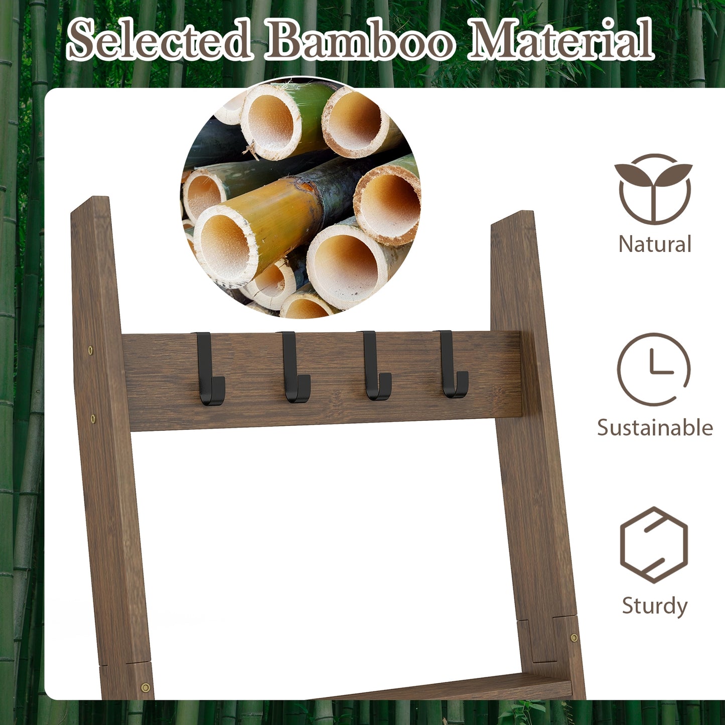 5-Tier Bamboo Ladder Bookshelf with 4 Removable Hooks-Brown