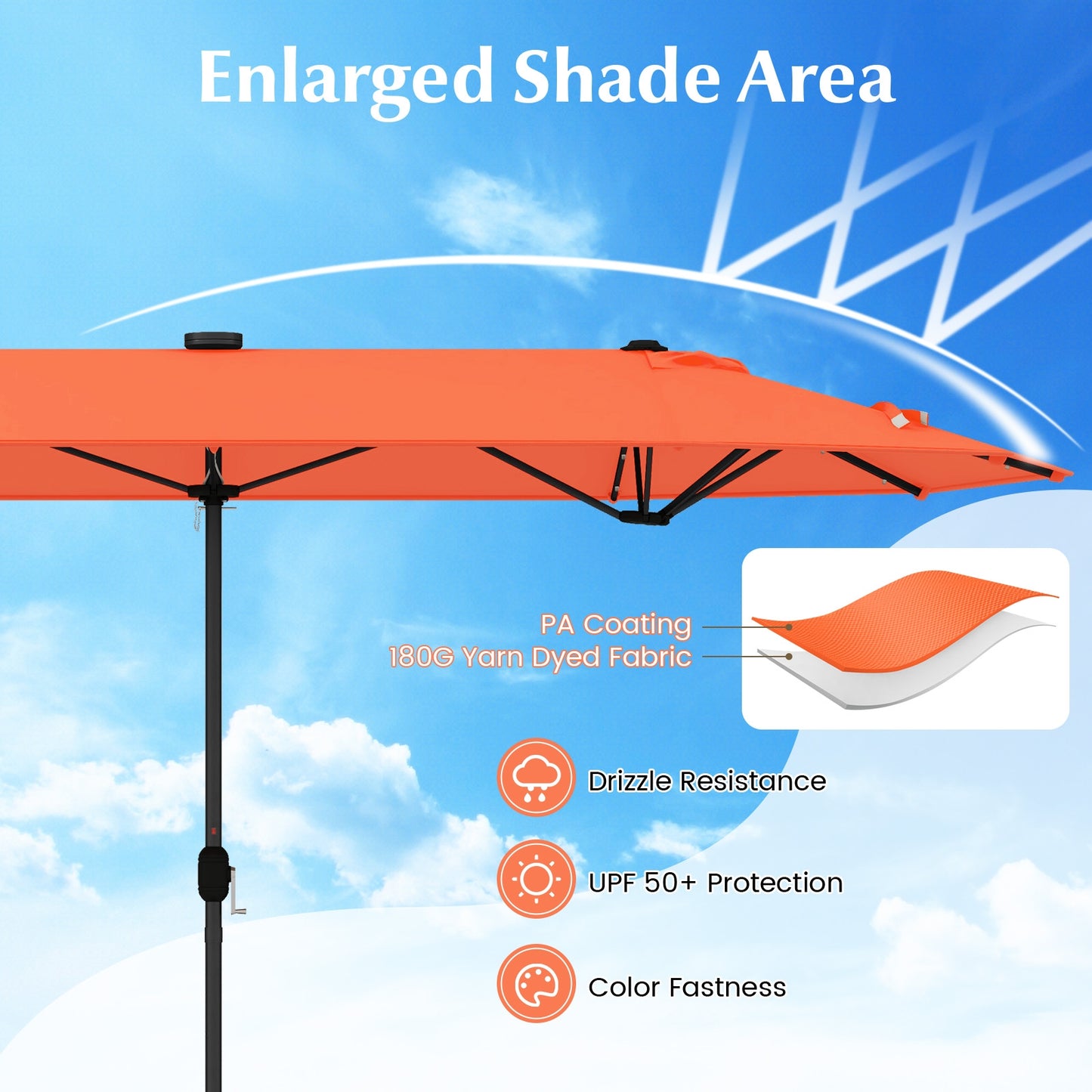 13FT Double-sided Patio Umbrella with Solar Lights for Garden Pool Backyard-Orange Kids Crystal