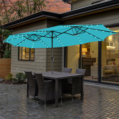 15 Feet Twin Patio Umbrella with 48 Solar LED Lights-Turquoise