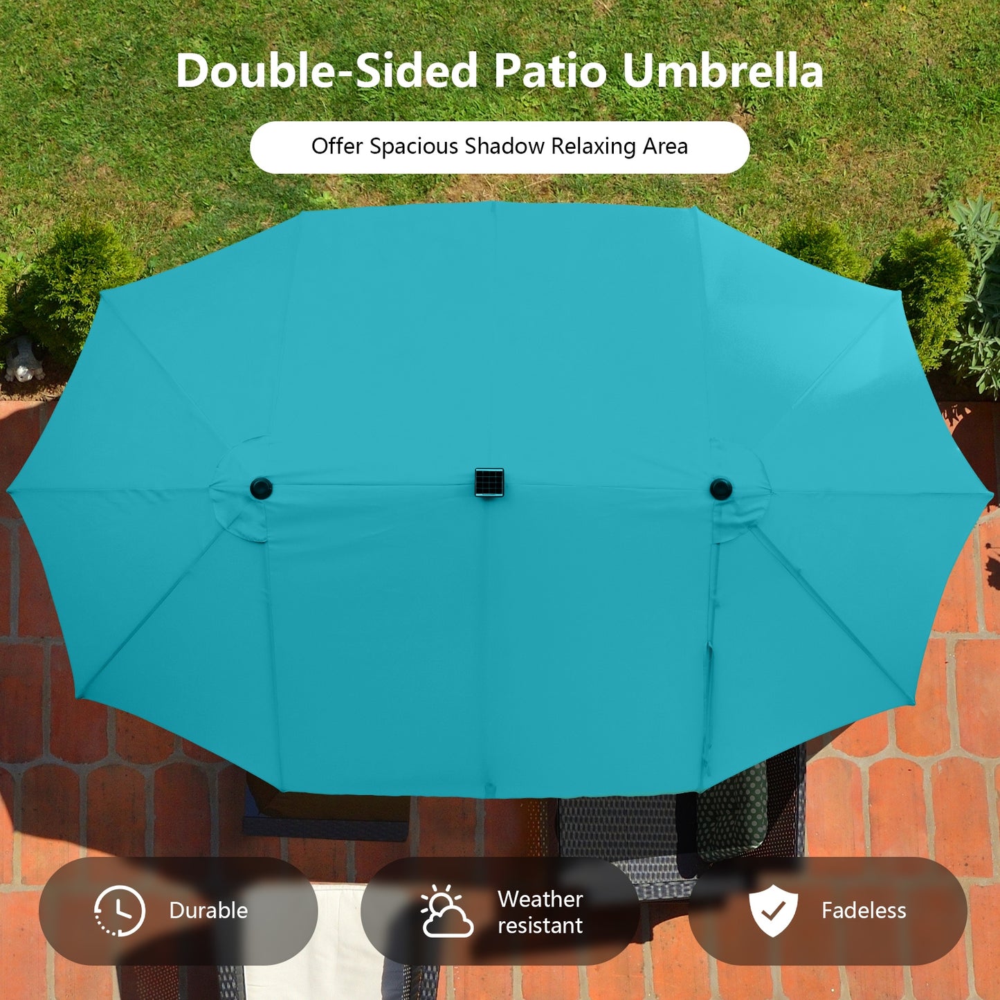 15 Feet Twin Patio Umbrella with 48 Solar LED Lights-Turquoise Kids Crystal