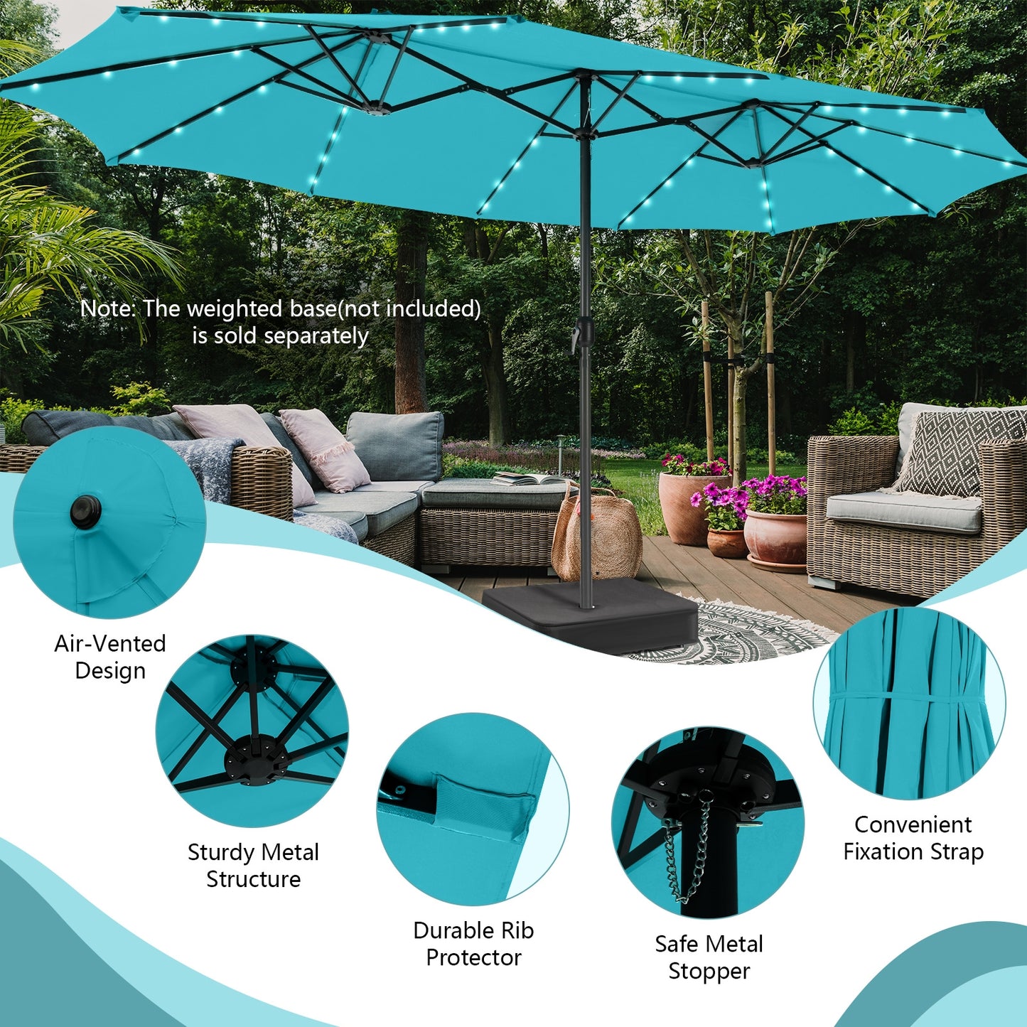 15 Feet Twin Patio Umbrella with 48 Solar LED Lights-Turquoise Kids Crystal