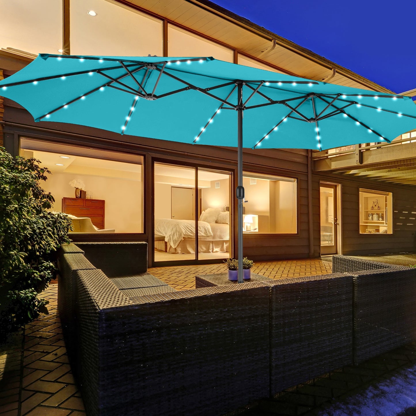 15 Feet Twin Patio Umbrella with 48 Solar LED Lights-Turquoise Kids Crystal