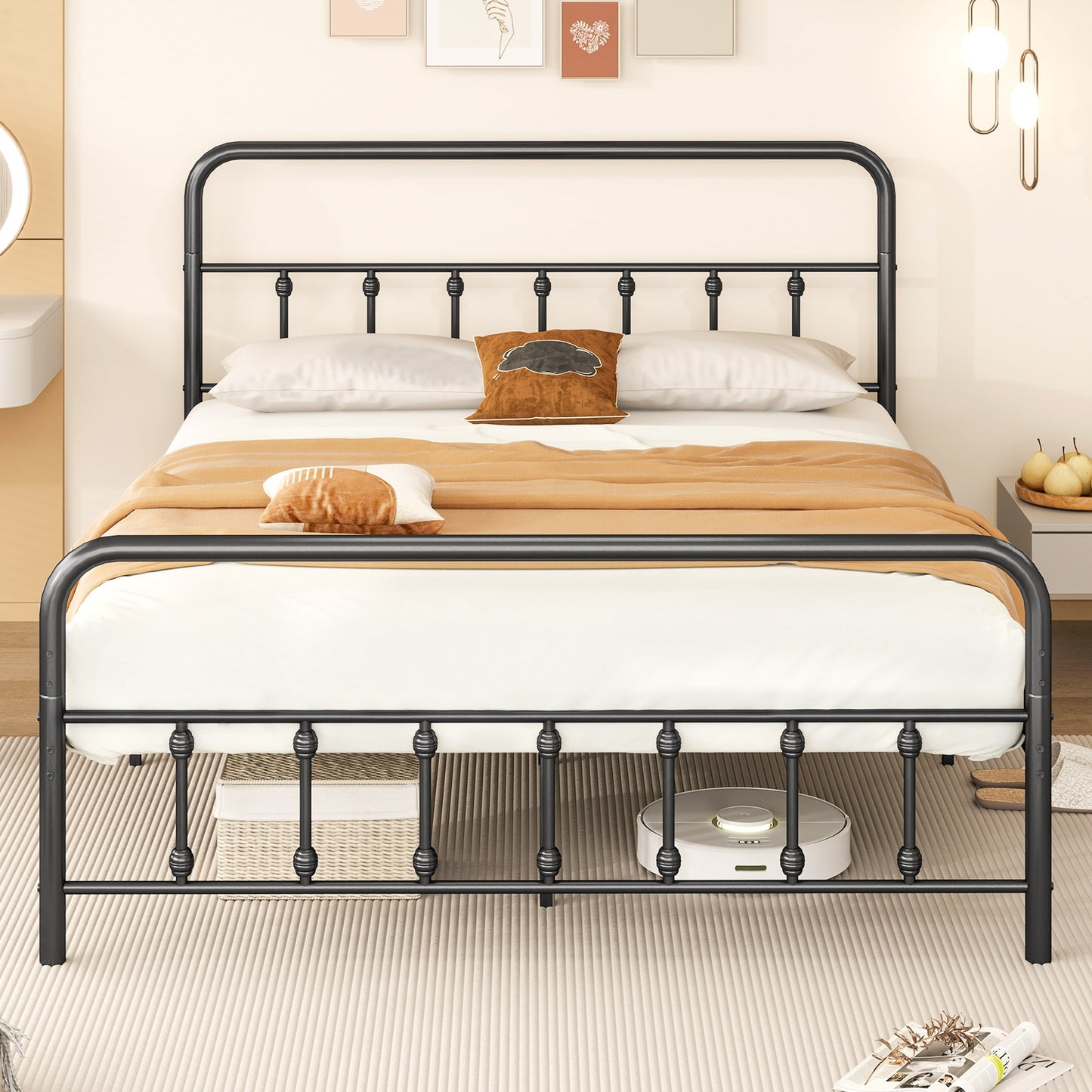Bed Frame with Headboard and Under Bed Storage Black-Queen Size Kids Crystal