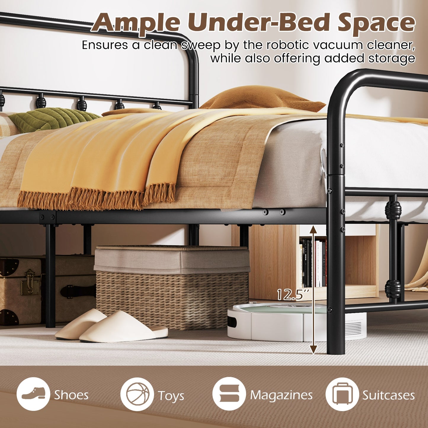 Bed Frame with Headboard and Under Bed Storage Black-Queen Size Kids Crystal