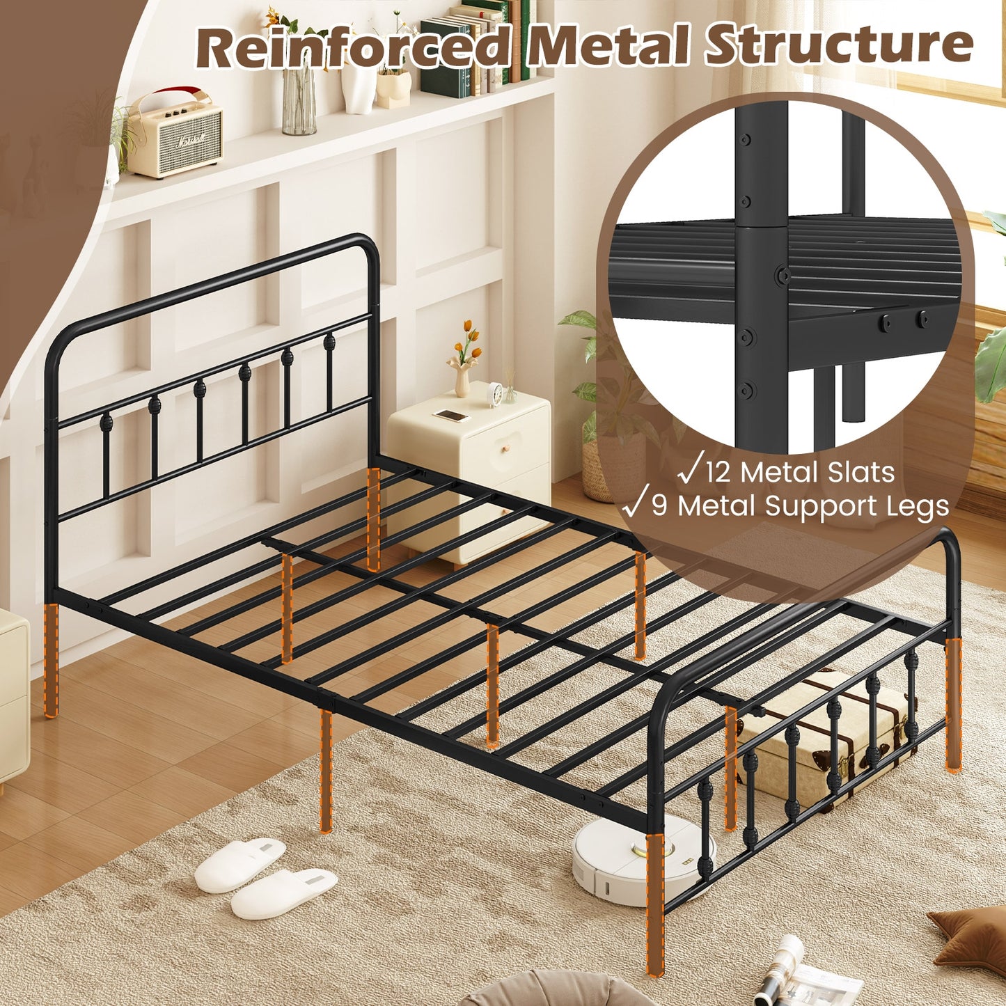Bed Frame with Headboard and Under Bed Storage Black-Queen Size Kids Crystal