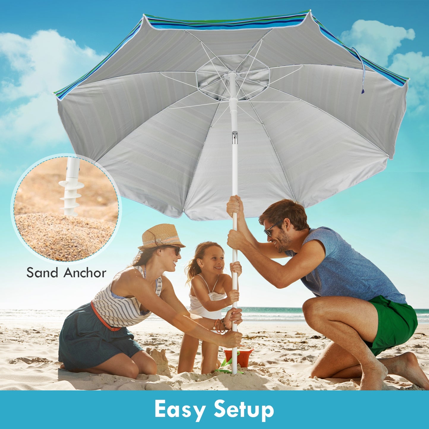 7.2 Feet Portable Outdoor Beach Umbrella with Sand Anchor and Tilt Mechanism-Green Kids Crystal