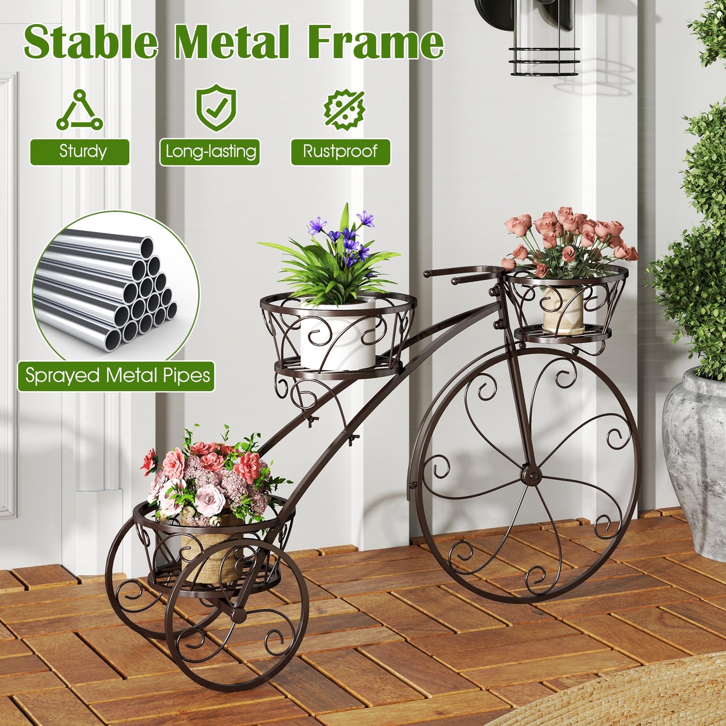 Tricycle Plant Stand Flower Pot Cart Holder with 3 Hollowed Baskets-Bronze Kids Crystal