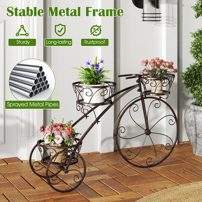 Tricycle Plant Stand Flower Pot Cart Holder with 3 Hollowed Baskets-Bronze