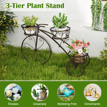 Tricycle Plant Stand Flower Pot Cart Holder with 3 Hollowed Baskets-Bronze