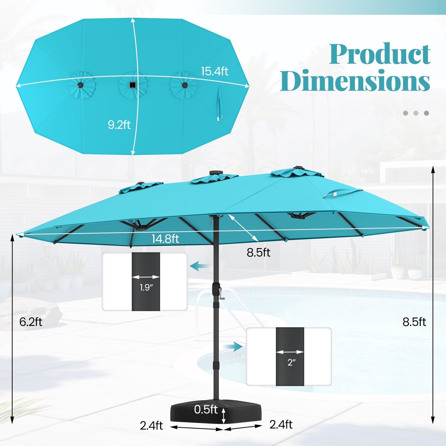 15 Feet Double-Sided Patio Umbrella with 48 LED Lights-Turquoise Kids Crystal